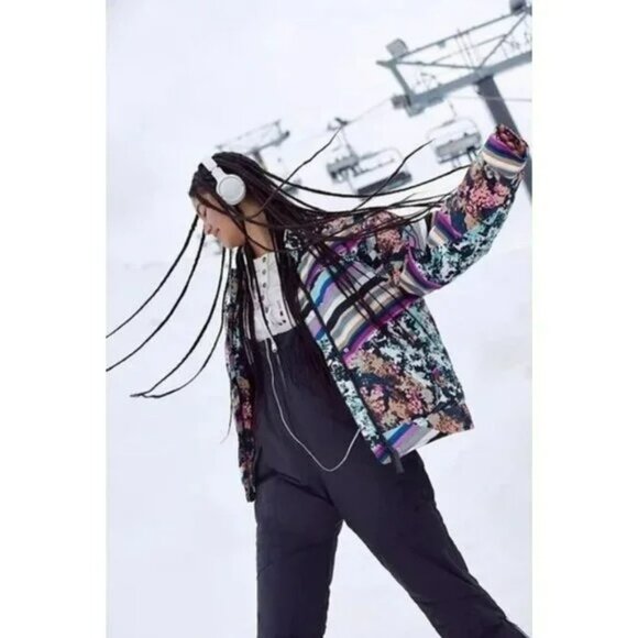 Free People Movement Bunny Slope Ski Jacket Colorful Stripe Floral Puffer Pink - Picture 2 of 16